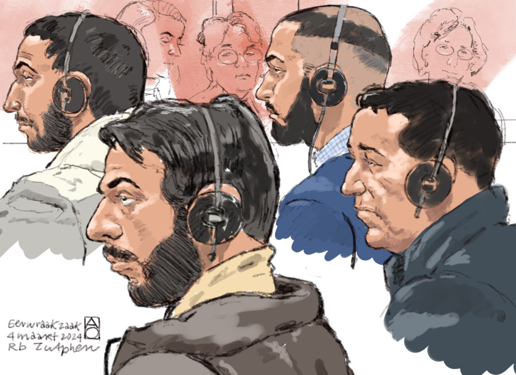 Rechtbanktekening van Ahmad A., Peshang A., Walid A. en Ahmad A. tijdens een pro formazitting.