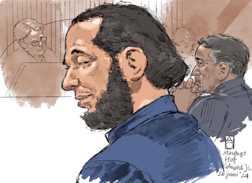 Een rechtbanktekening van Ridouan Taghi.