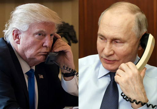 Donald Trump en Vladimir Poetin aan de telefoon.
