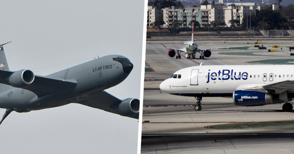 Een KC-135-tanker van de US Air Force en een Airbus A320 van JetBlue.