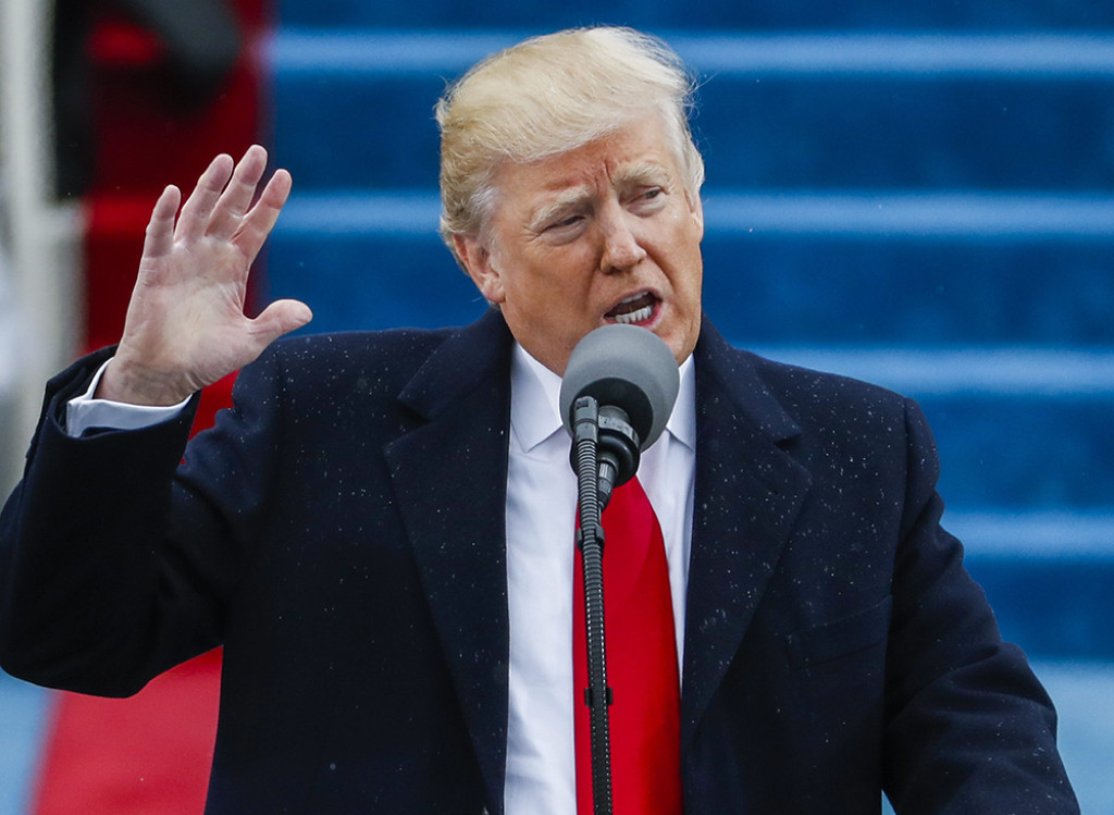 Donald Trump tijdens zijn eerste inauguratiespeech in 2017.